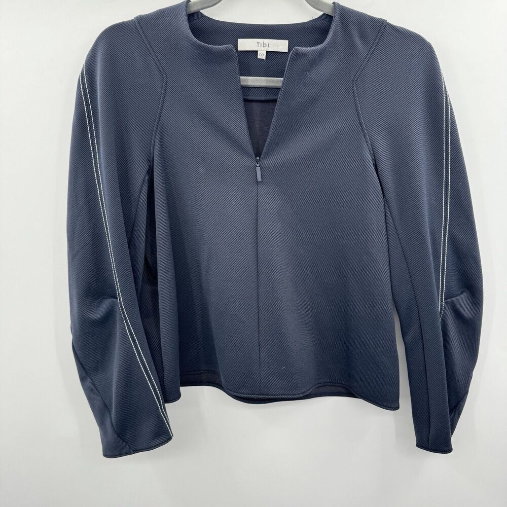 Tibi 1/4 Zip Pullover Knit Top Size 00 Navy Blue Athleisure Contemporary Luxe